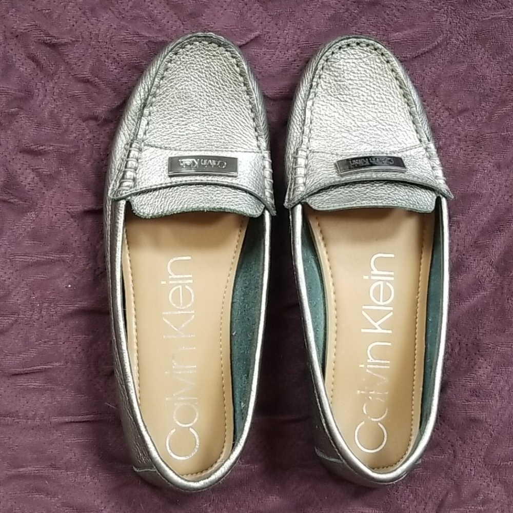 Calvin Klein pewter metallic loafers